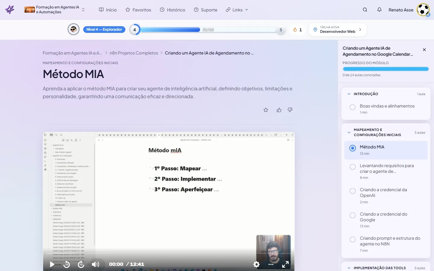 Print da aula do Método MIA no módulo de Agendamento mostrando os três passos: Mapear, Implementar, Aperfeiçoar