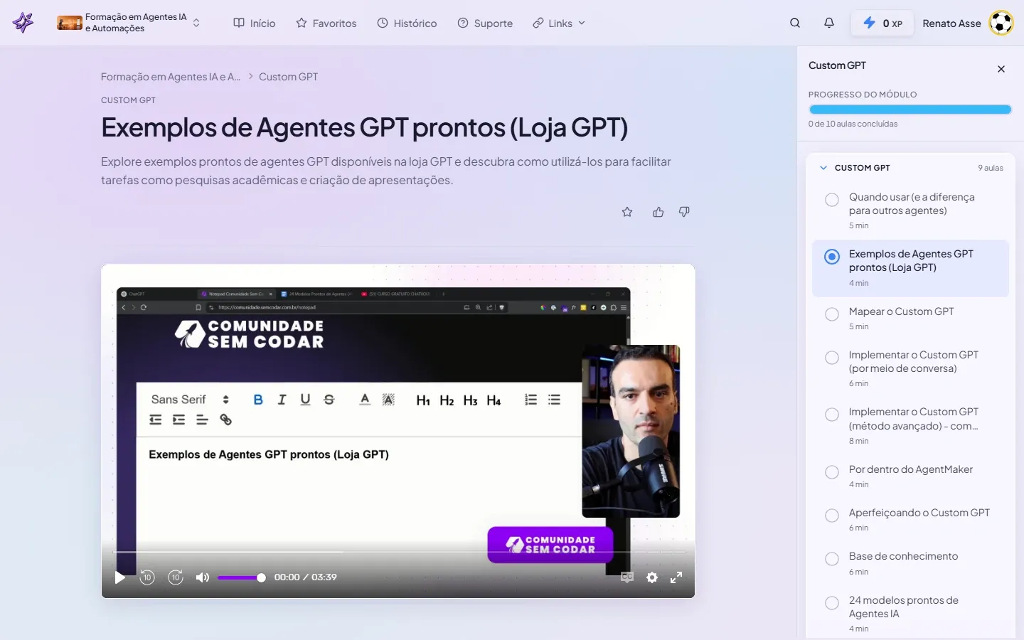 Print da aula Exemplos de Agentes GPT prontos (Loja GPT) com menu lateral mostrando todas as aulas do módulo Custom GPT na Formação em Agentes IA do ibe.IA