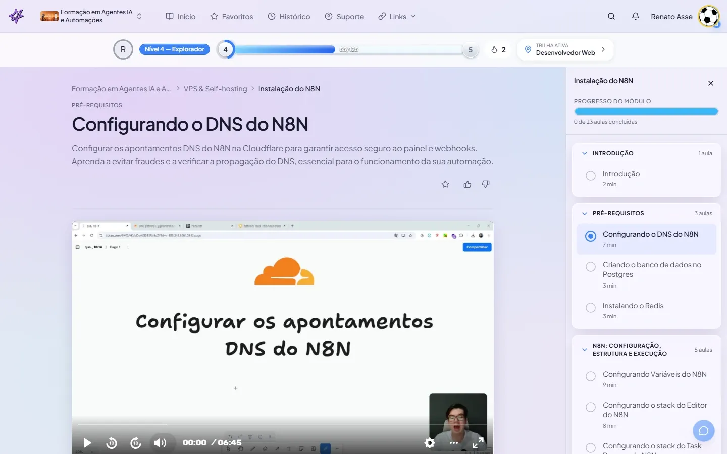 Primeira aula do módulo mostrando a estrutura de instalação do N8N em Docker Swarm