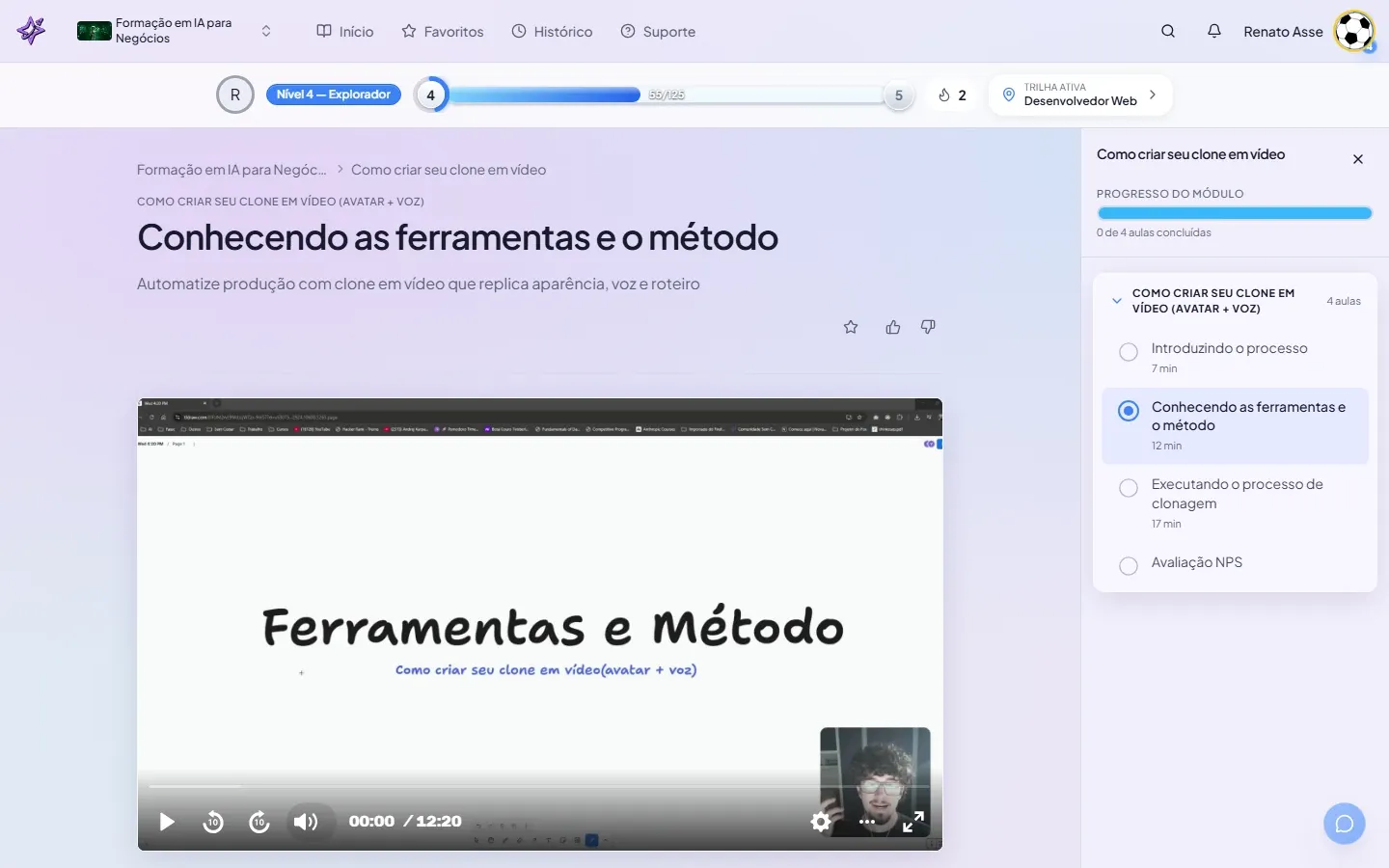 Segunda aula do módulo Clone IA em Vídeo mostrando o ambiente de ferramentas de clonagem com o player de vídeo e o índice lateral.