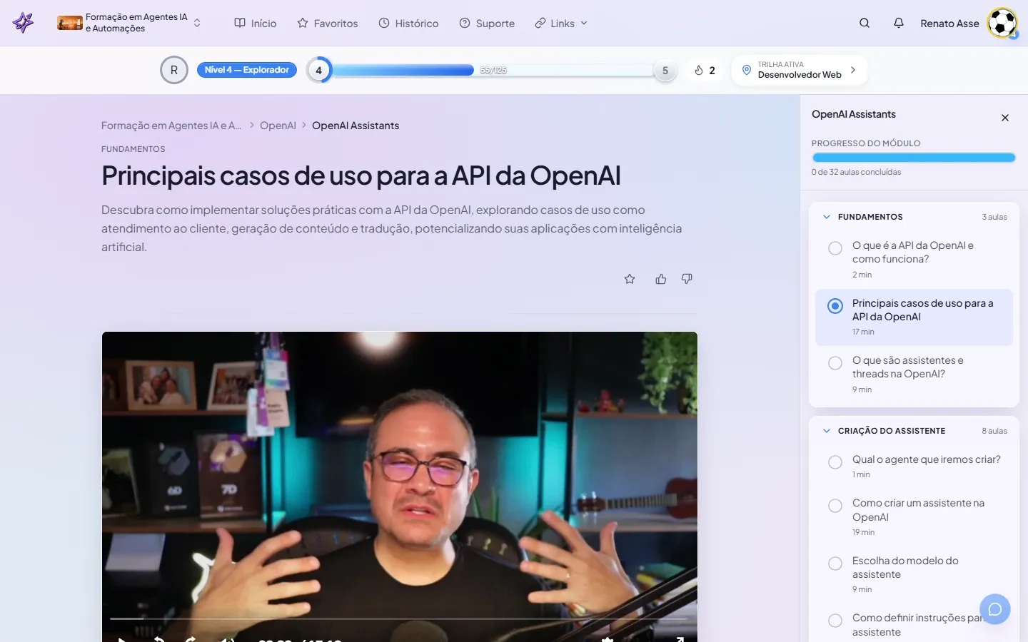 Segunda aula do módulo OpenAI Assistants com o player de vídeo e o índice lateral mostrando os casos de uso da API.