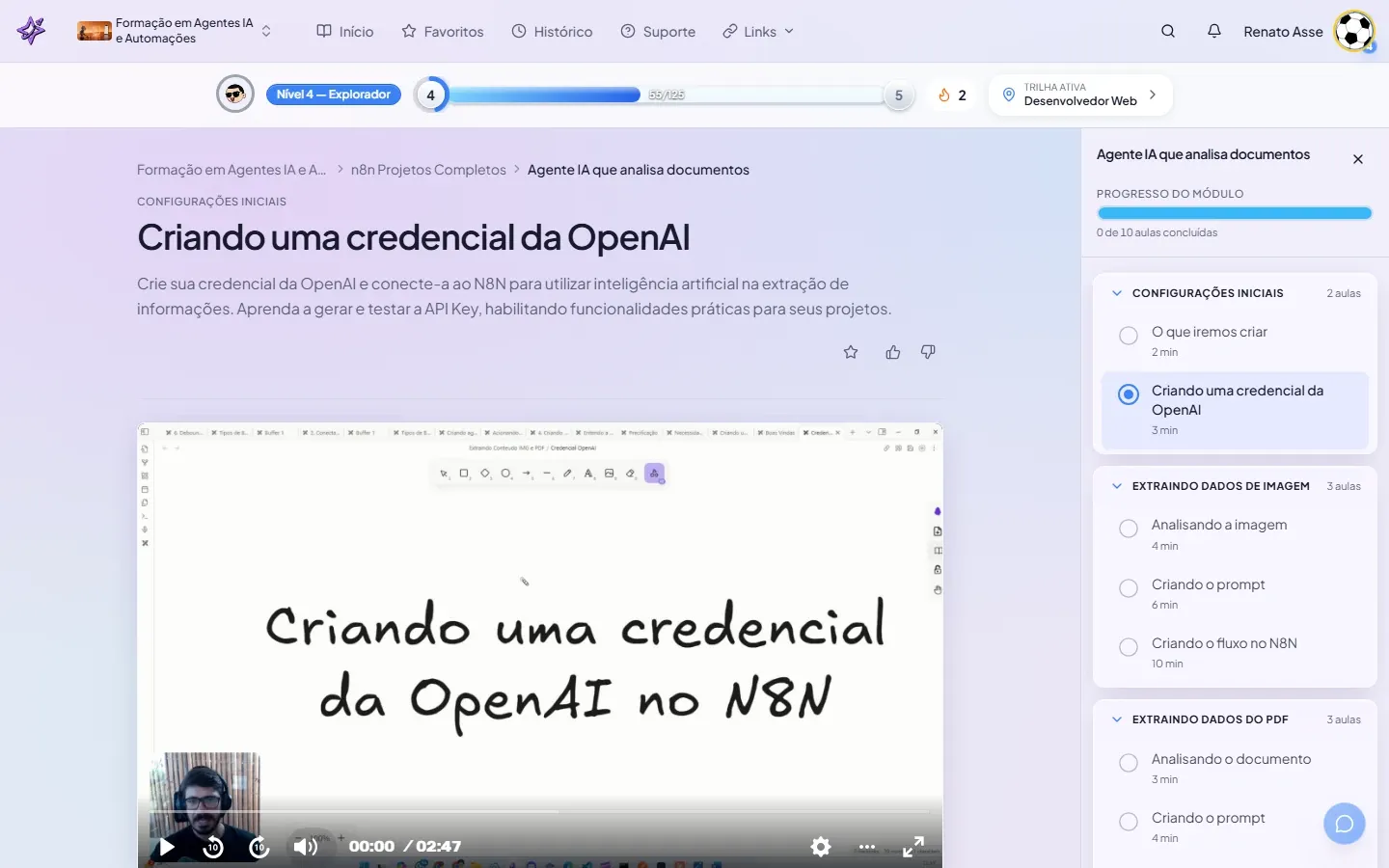 Primeira aula do módulo Agente IA que analisa documentos no curso ibe.IA, mostrando o editor do n8n com o fluxo de extração aberto