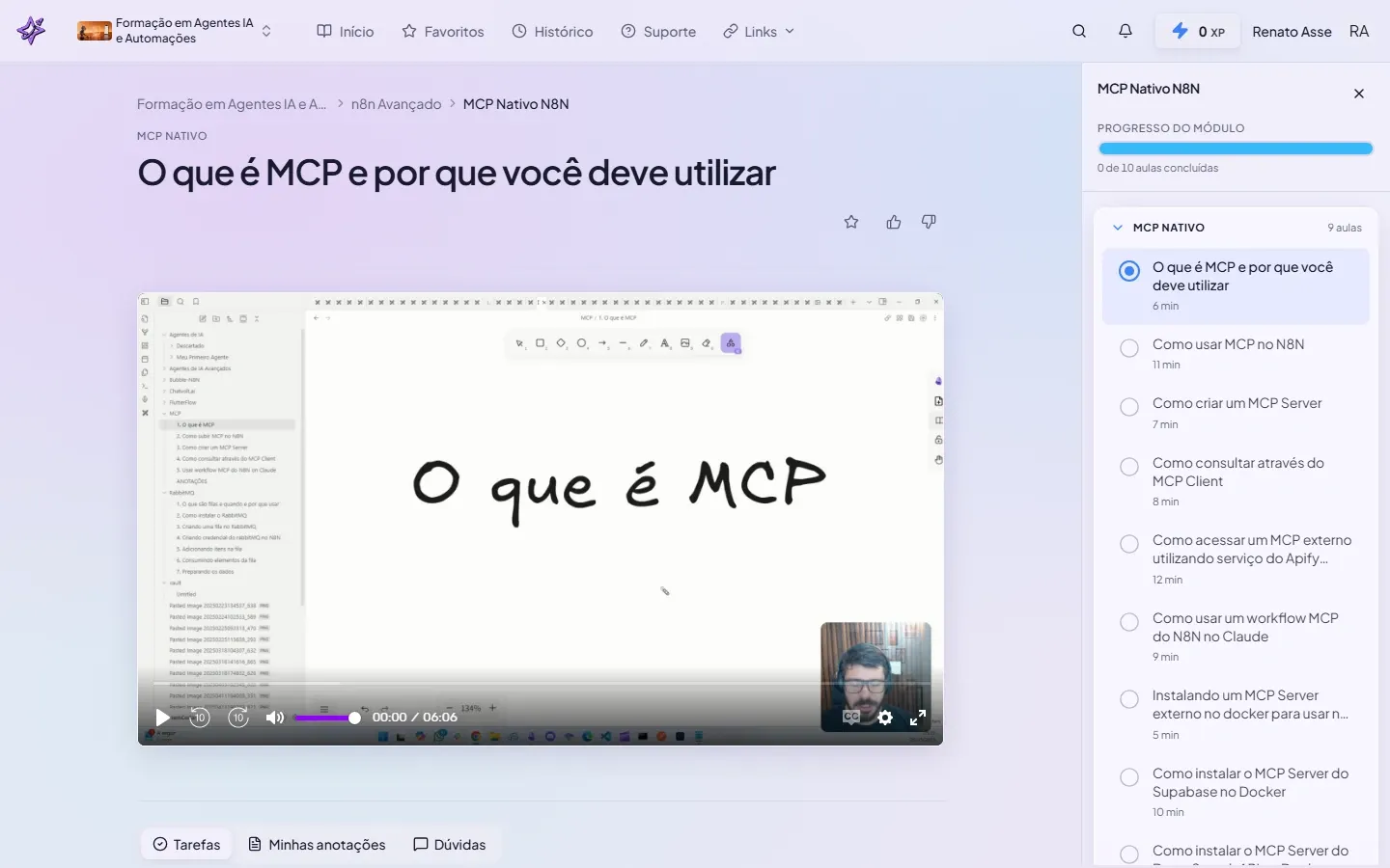 Módulo MCP Nativo N8N no ibe.IA, mostrando a lista das 9 aulas e a primeira lição aberta com o título O que é MCP