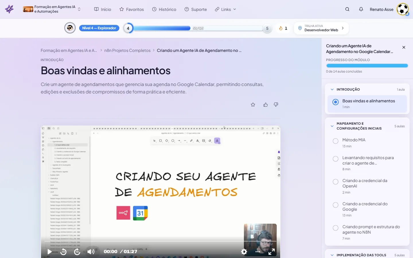 Print do módulo de Agendamento no Google Calendar no ibe.IA mostrando as seções do curso e o progresso
