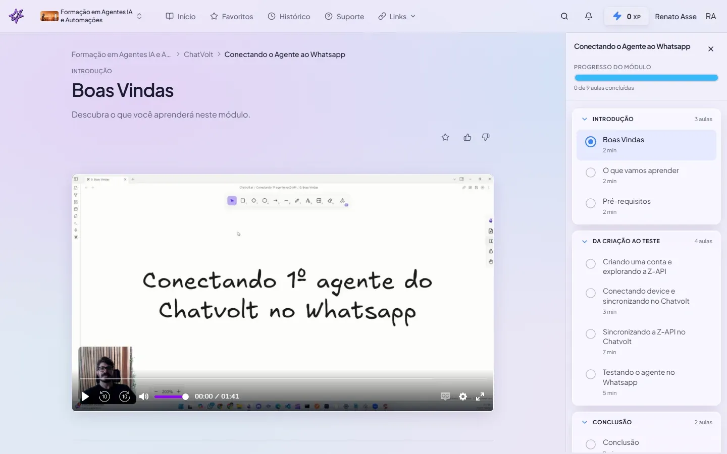 Página inicial do módulo Conectando o Agente ao Whatsapp no ChatVolt
