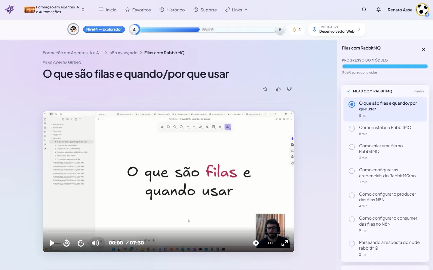 Print do módulo Filas com RabbitMQ no ibe.IA mostrando a lista de aulas e o progresso do curso