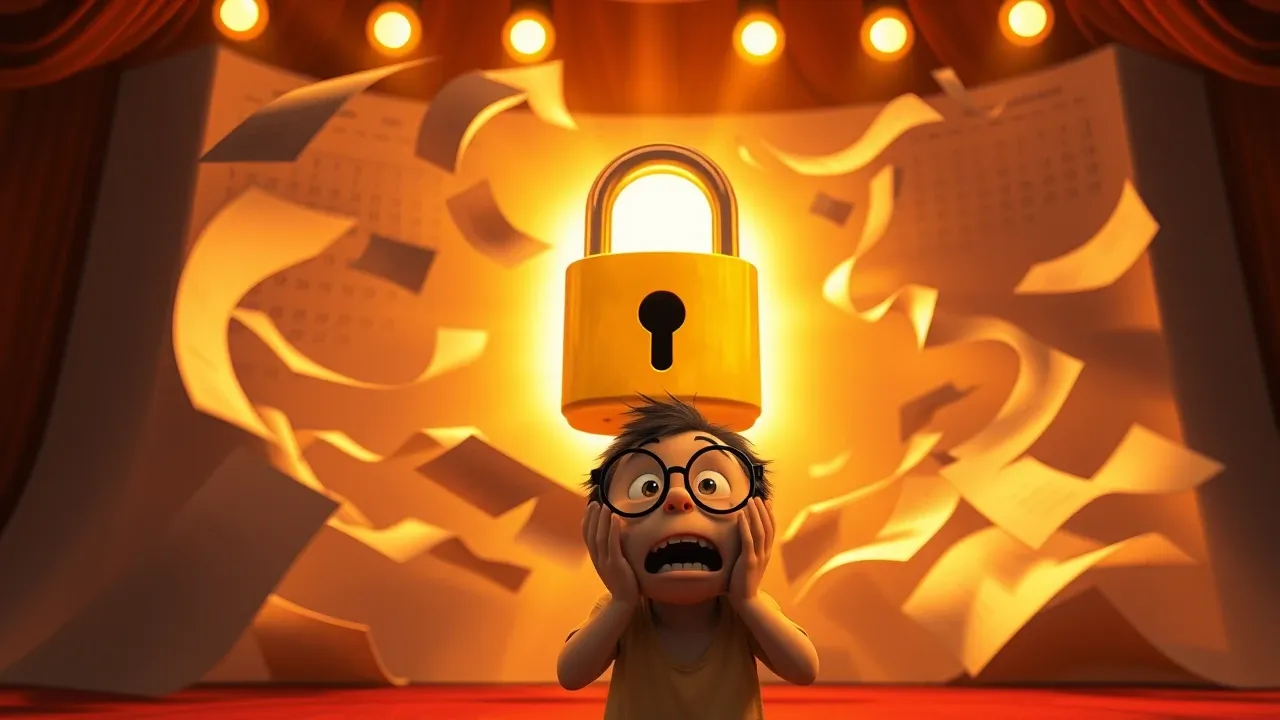 Pixar 3D cena de calendário gigante com dias riscados e cadeado âmbar flutuante sob iluminação dourada