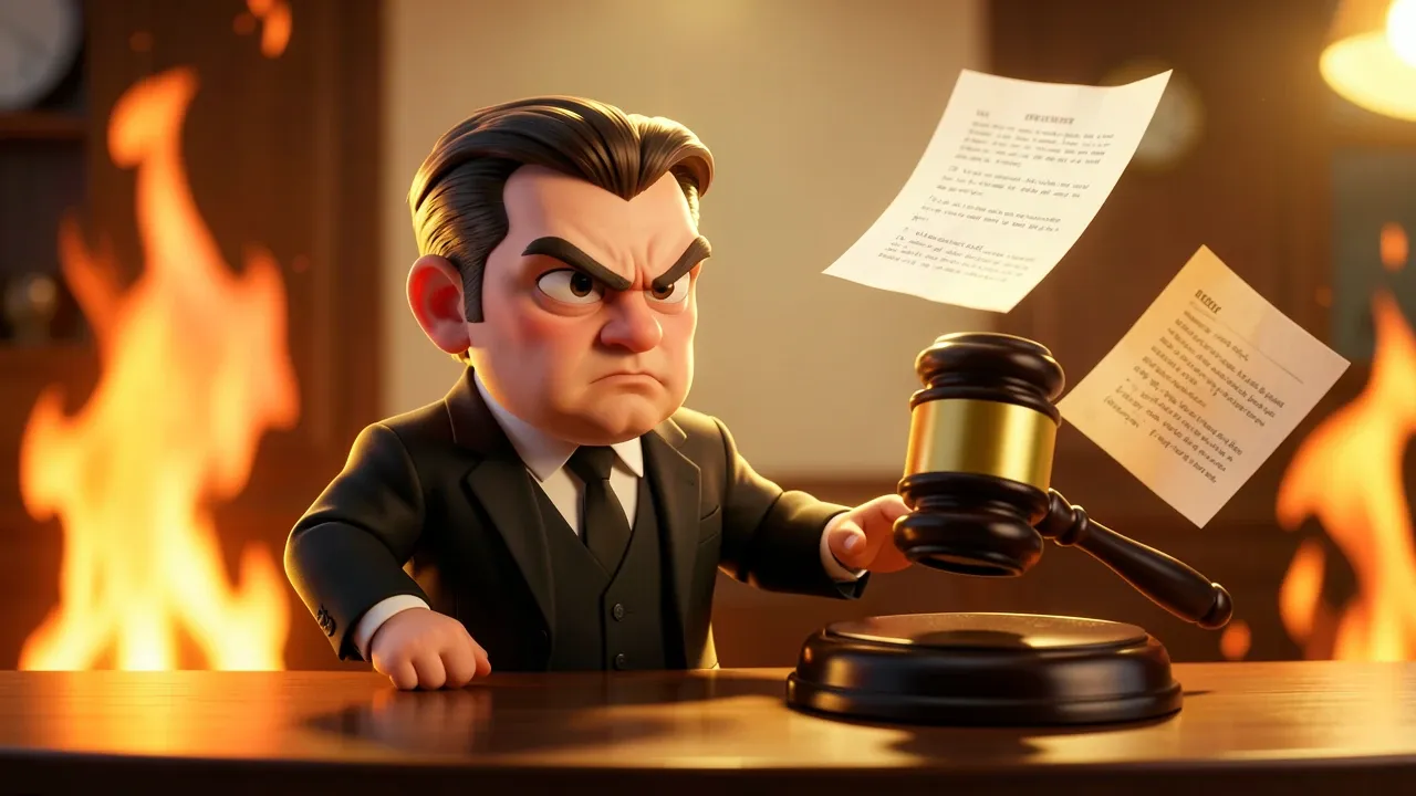 Balança da justiça cartoon estilo Pixar 3D com martelo de juiz e documento eleitoral ao fundo, expressão séria, iluminação dramática em tons de verde escuro e dourado