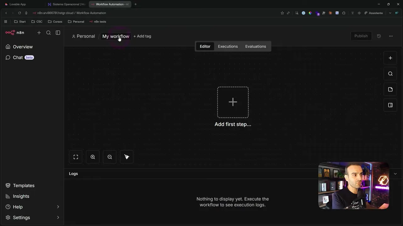 Editor do n8n pronto para adicionar o trigger