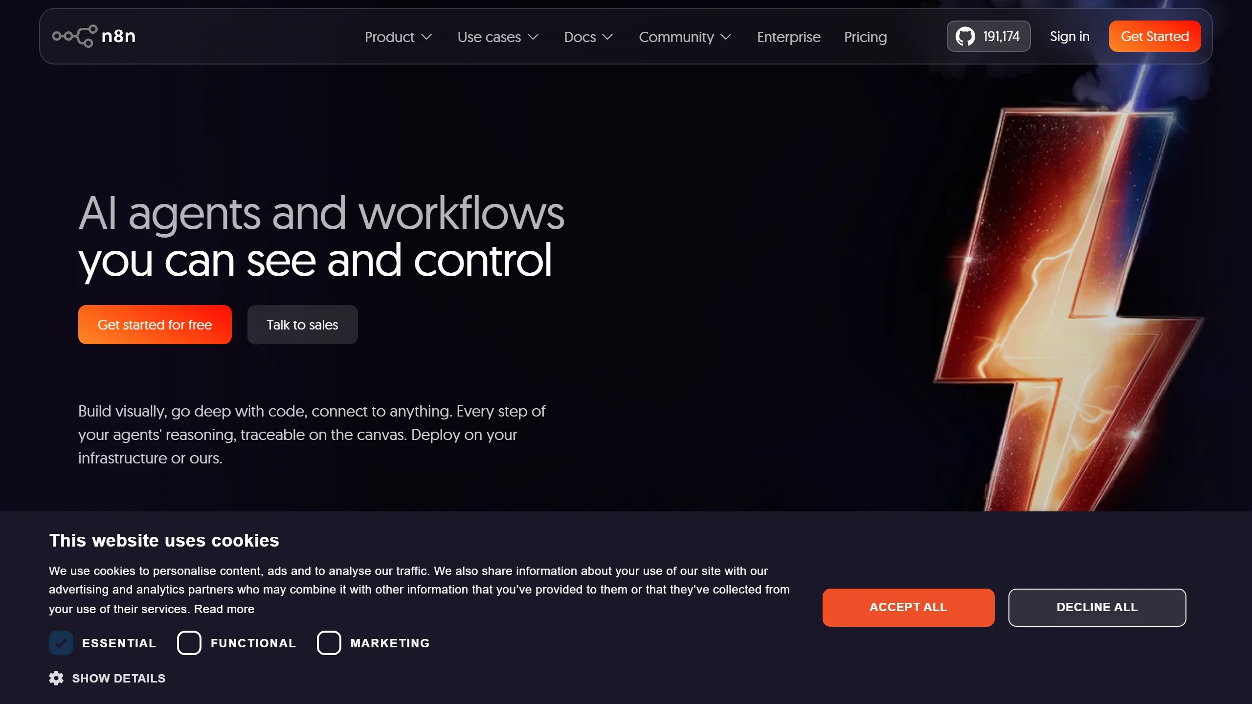 Home do n8n mostrando a plataforma de automação de workflow com agentes IA integrados