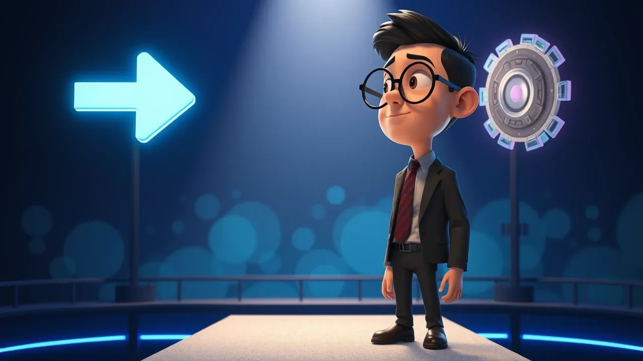 Personagem empresarial Pixar 3D em frente a um cruzamento com duas setas luminosas apontando direções diferentes, expressão pensativa