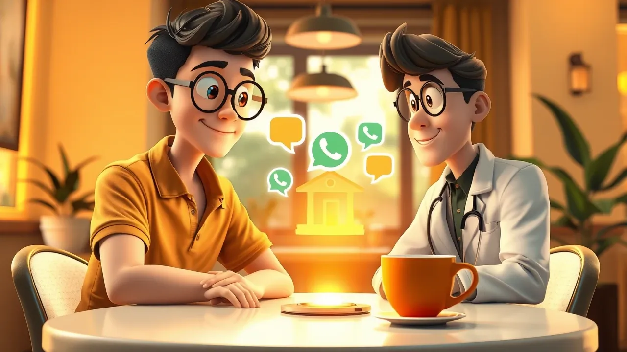Vendedor cartoon inclinando-se na mesa de um café conversando com médico de jaleco branco, holograma de clínica entre eles.