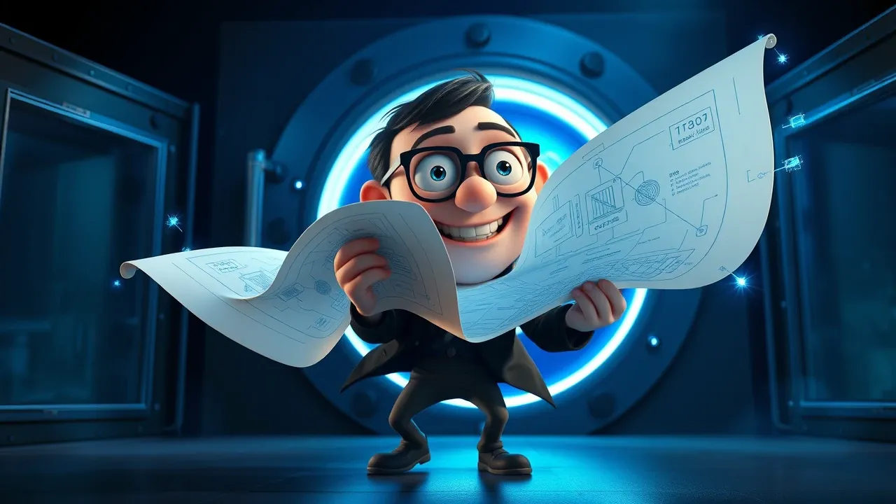 Personagem Pixar 3D copiando blueprints de um cofre brilhante, com luzes azuis dramáticas e contraste alto