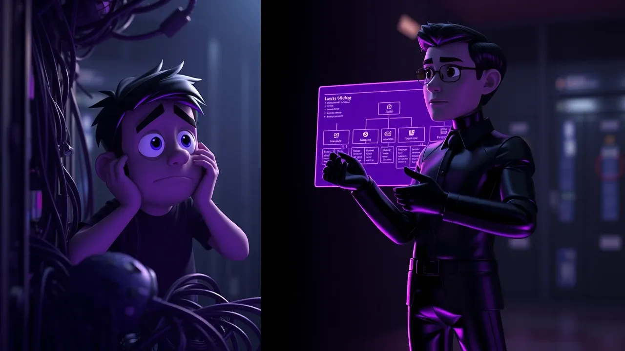 Comparação entre profissional de TI sobrecarregado e gestor de IA coordenando departamentos com tela holográfica violeta