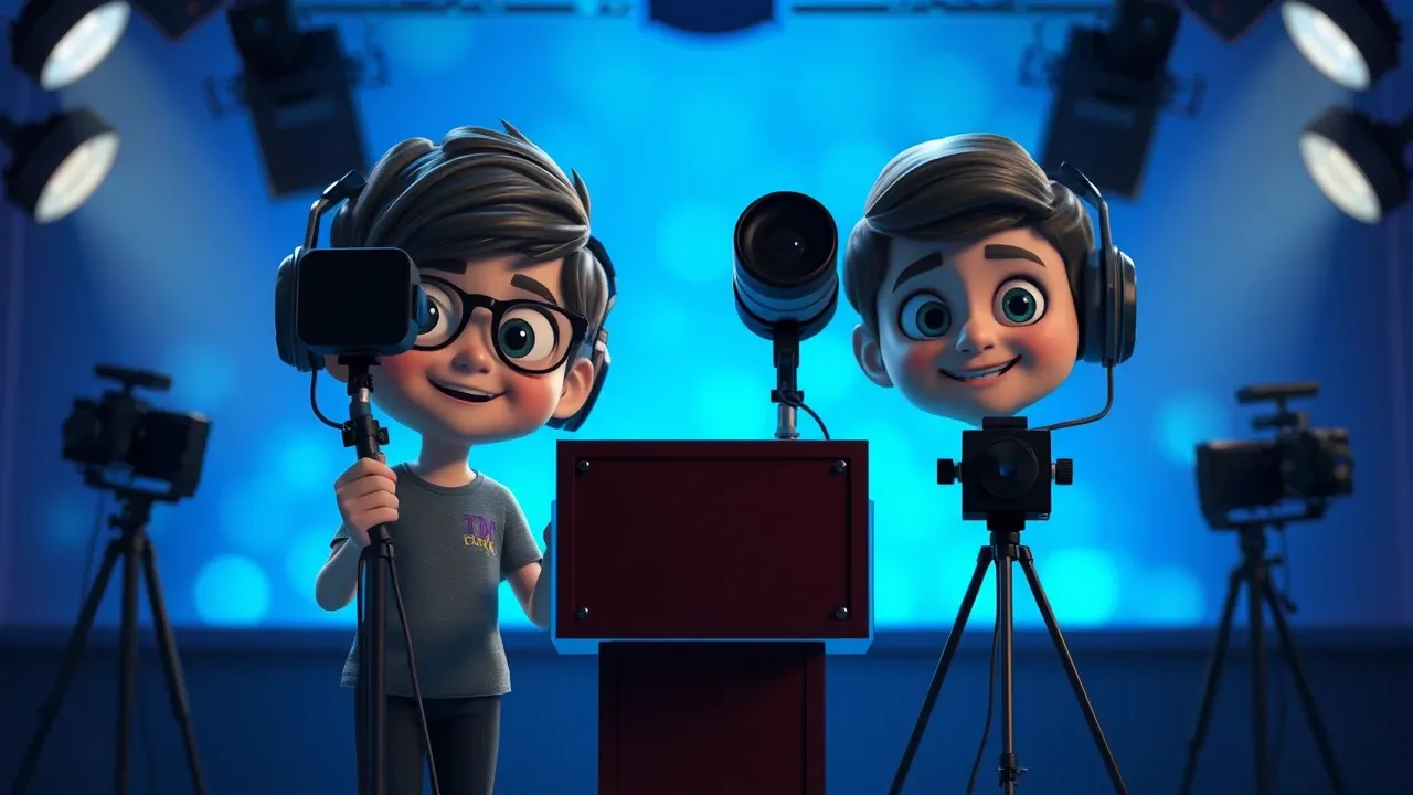Dois personagens 3D animados Pixar em estúdios de gravação virtual com câmeras e iluminação azul cinematográfica