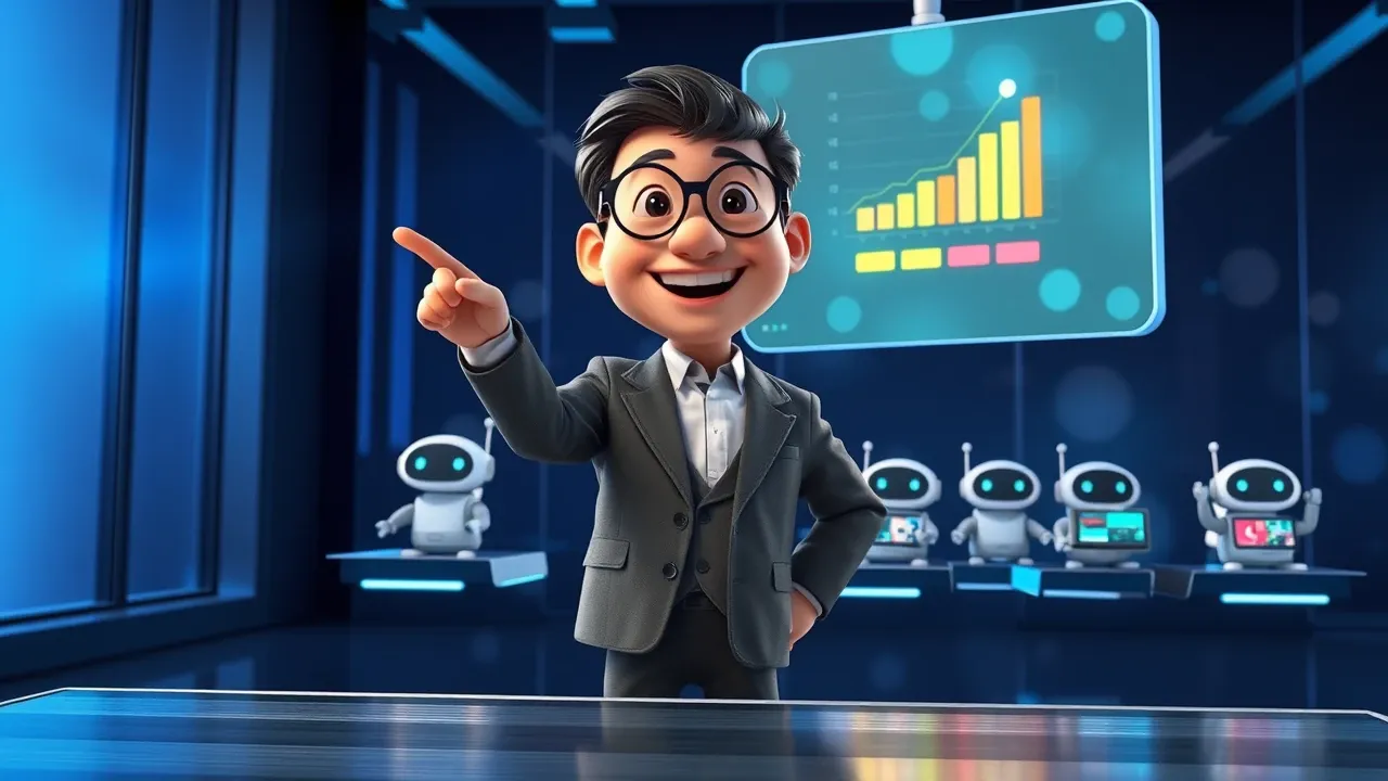Empreendedora cartoon Pixar 3D com óculos apontando para painel enquanto três robôs pequenos ao fundo controlam cada um uma tela diferente com dados de negócio e luz azul elétrica