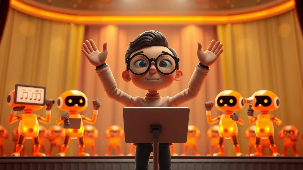 Personagem cartoon como maestro regendo IAs brilhantes em palco, cada uma segurando um instrumento diferente (laptop, prancheta, banco de dados).