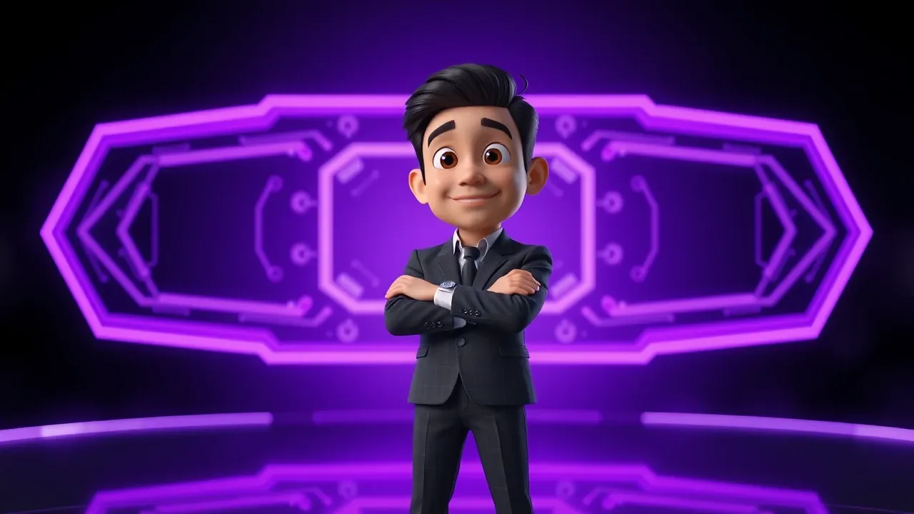 Personagem Pixar 3D empresário com braços cruzados, sorriso calmo e confiante, interface de IA holográfica brilhando violeta por trás, fundo carvão com iluminação dramática chiaroscuro