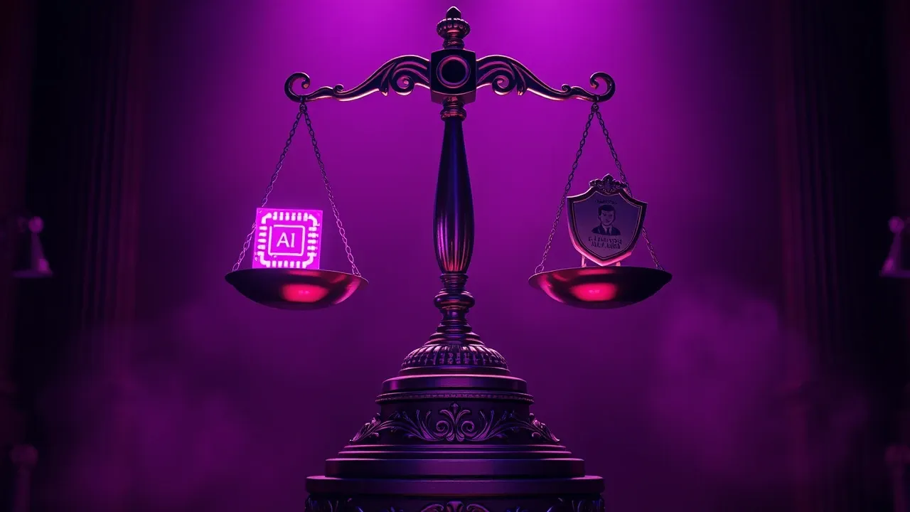 Balança da justiça Pixar 3D com chip de IA de um lado e emblema da OAB do outro, perfeitamente equilibrada, luz violeta dramática