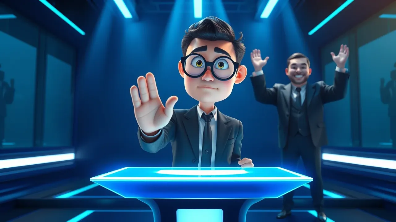 Executivo cartoon Pixar 3D assinando documento com expressão de discordância enquanto burocratas comemoram ao fundo
