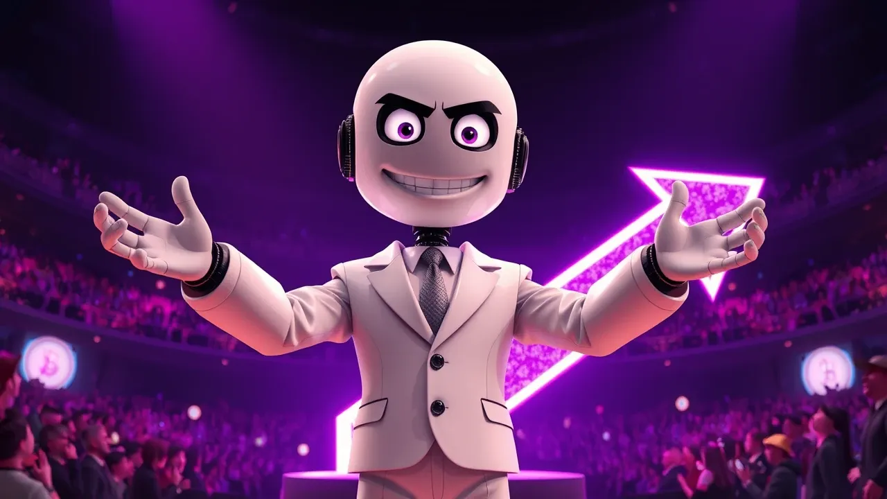 Personagem robótico em traje executivo anunciando corte de preços numa arena teatral