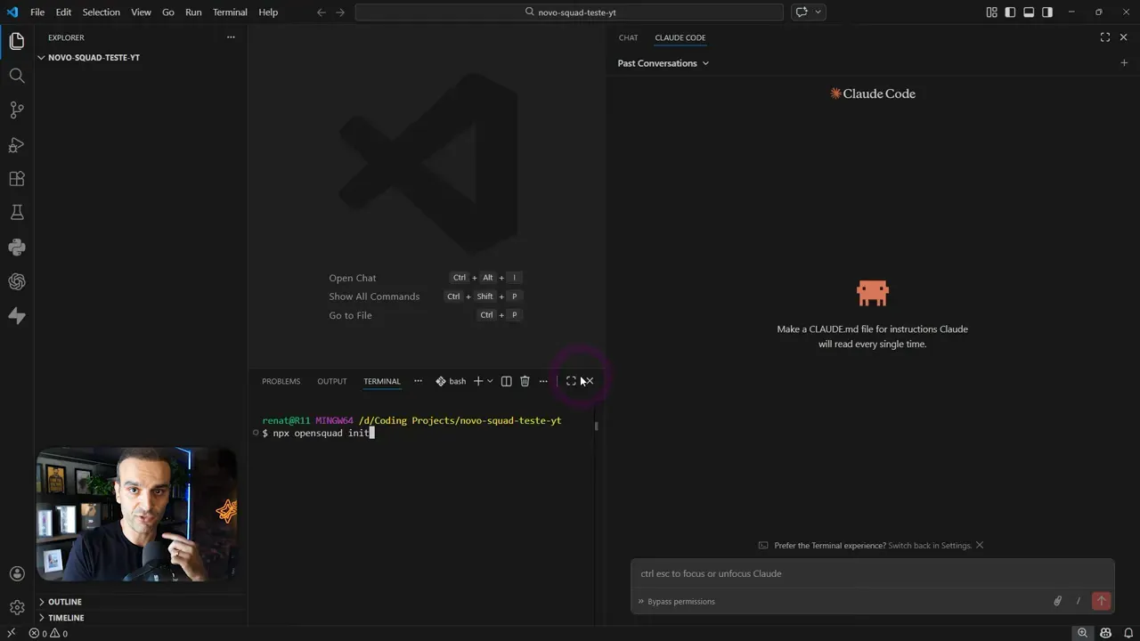 Terminal no VS Code mostrando o comando npx opensquad init