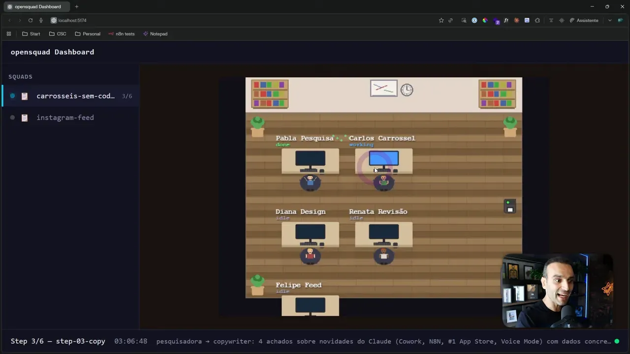 OpenSquad dashboard mostrando o escritório virtual dos agentes
