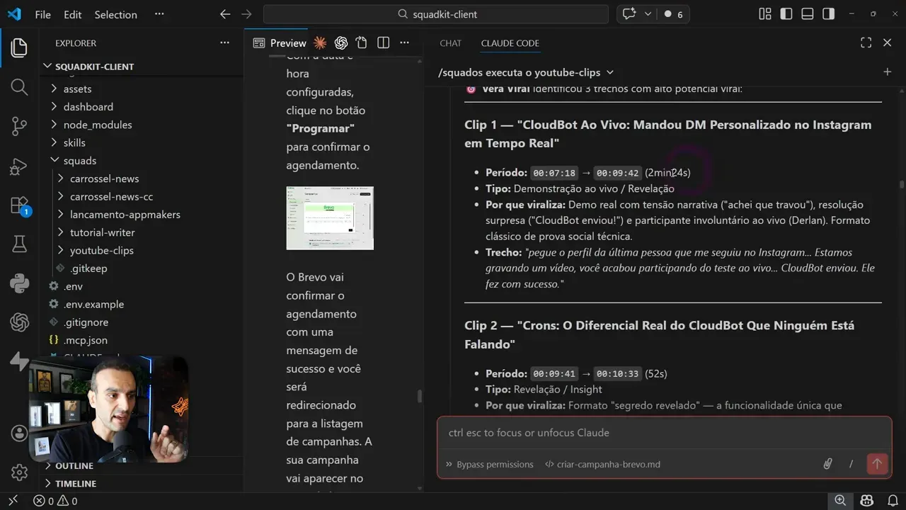 Painel com documentação listando clips no VS Code