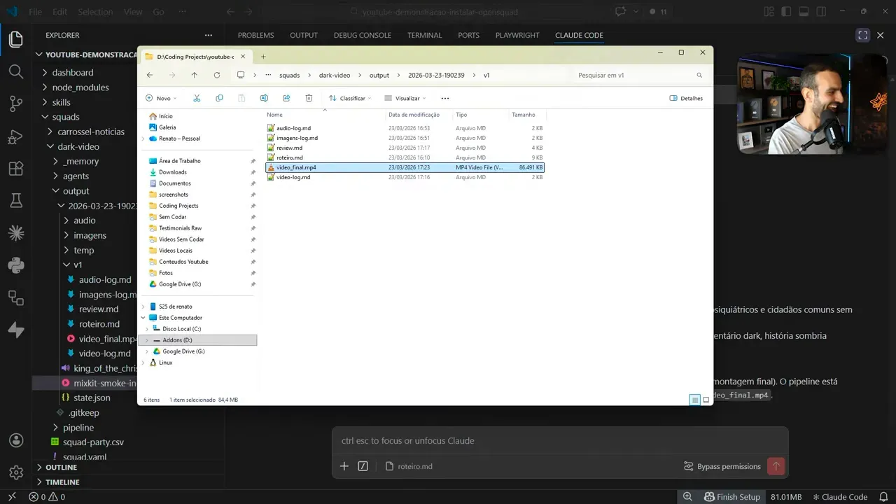 Estrutura de pastas e vídeo final gerado