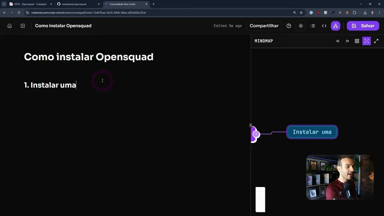 Mapa mental do tutorial de instalação do OpenSquad