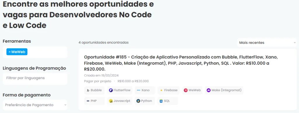 Oportunidades para desenvolvedor WeWeb