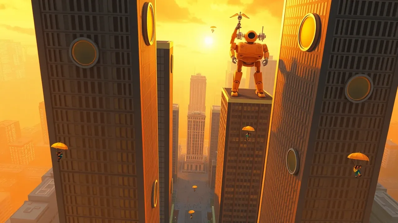 Quatro torres corporativas gigantes com fluxos de personagens Pixar saindo com caixas enquanto robôs de IA sobem para os topos
