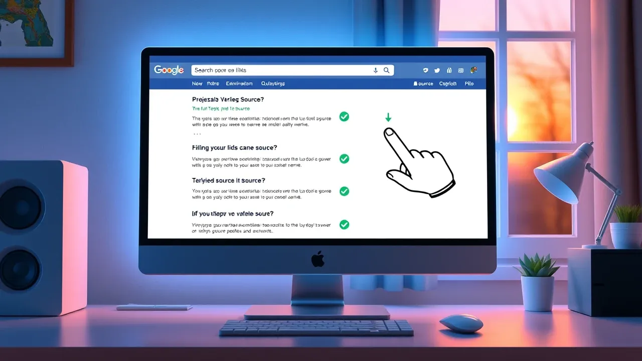 Monitor de computador mostrando resultados de busca com fontes citadas destacadas em verde e cursor apontando