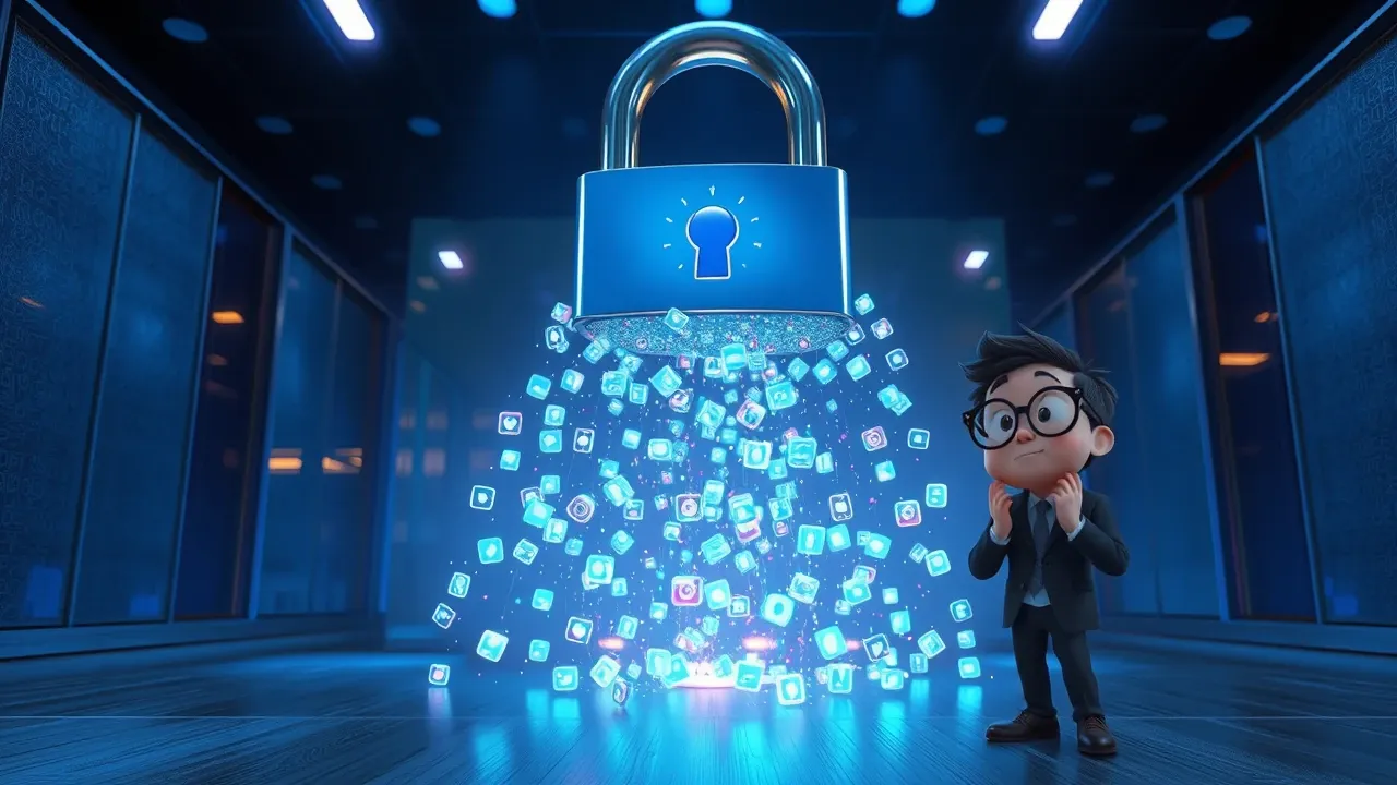 Cadeado gigante de chrome aberto com centenas de ícones de apps escapando em cascata, personagem CISO em choque, Pixar 3D azul elétrico