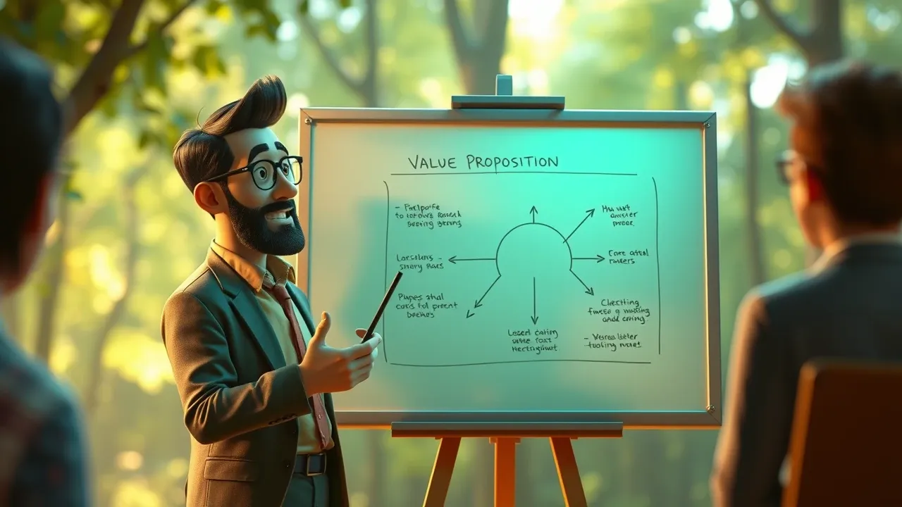 Empreendedor 3D Pixar apresentando proposta de valor em quadro branco para cliente em sala de reunião com luz verde esmeralda