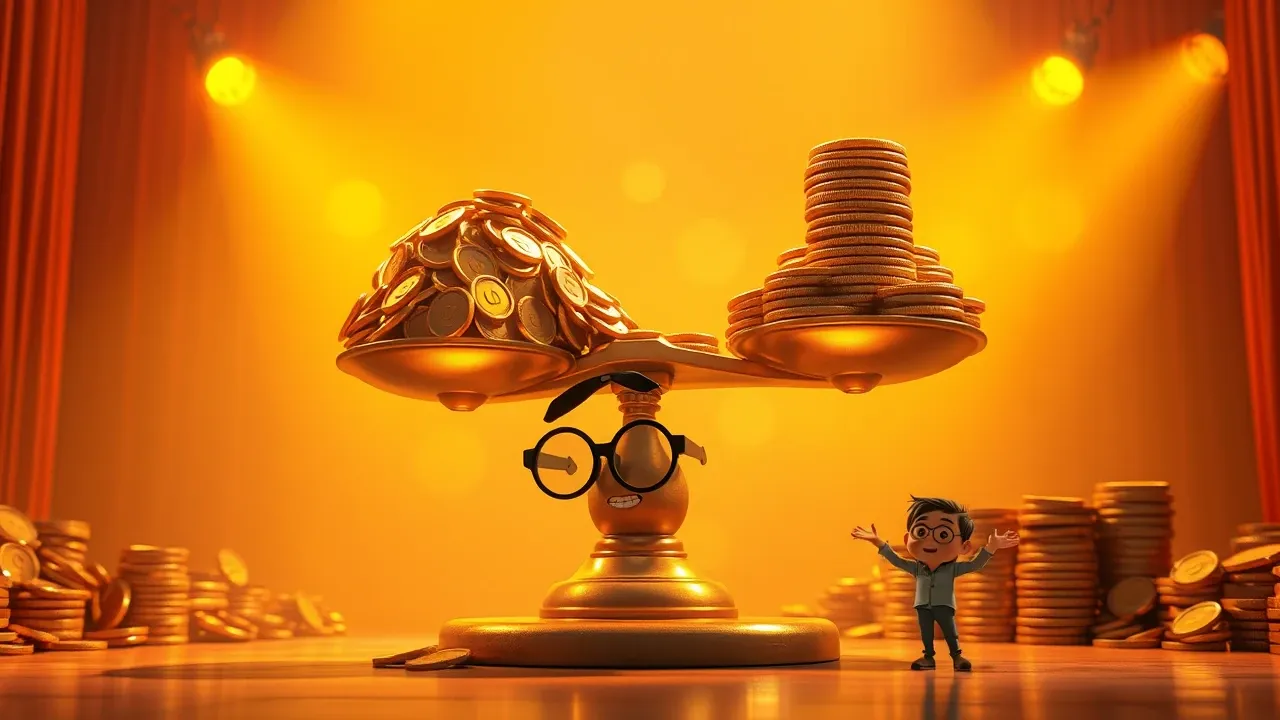 Pixar 3D balança dourada gigante comparando moedas com expressão exagerada de surpresa em luz âmbar dramática