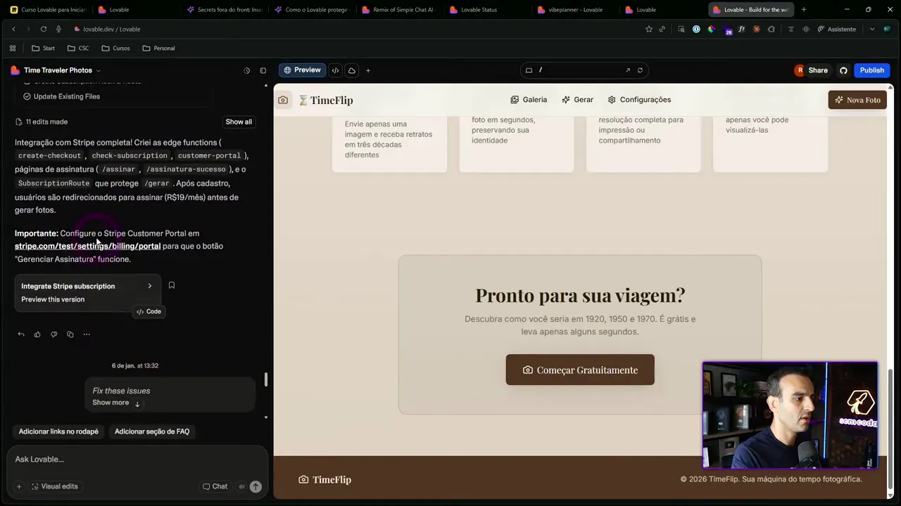 Tela do Lovable com a nota Integração com Stripe completa e o botão Integrate Stripe subscription ao lado do preview do site TimeFlip.