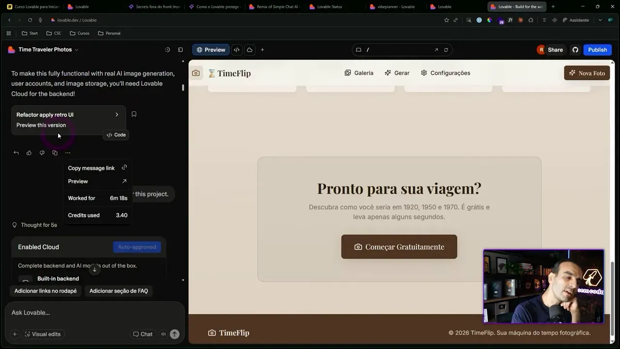 Popup do Lovable mostrando Credits used 3.40 ao lado da pré-visualização do TimeFlip