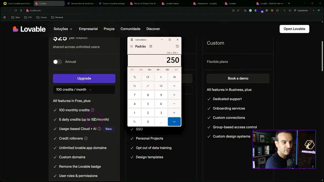Página de preços do Lovable com detalhes do plano (100 créditos/mês, 5/dia) e calculadora mostrando 250