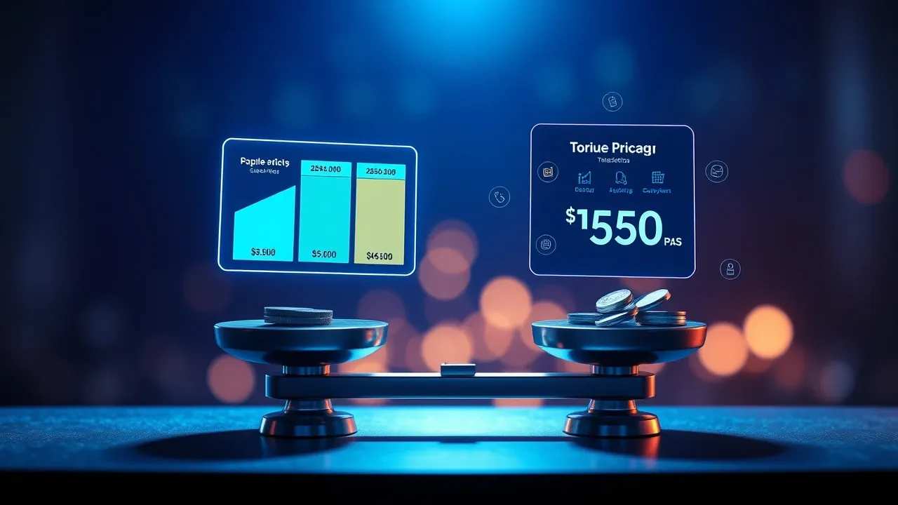 Duas balanças digitais comparando planos e preços em interfaces flutuantes com efeito azul elétrico