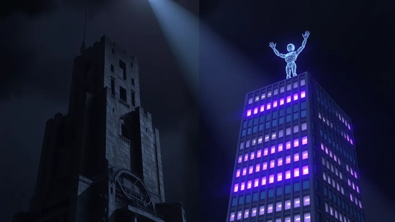 Contraste dramático entre empresa sem IA se deteriorando e empresa com gestor de IA iluminada em violeta e dominante
