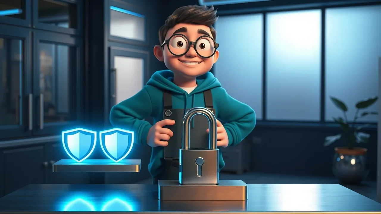 Builder confiante em bancada de trabalho de aço escovado com escudo e cadeado flutuantes brilhando em azul elétrico, Pixar 3D
