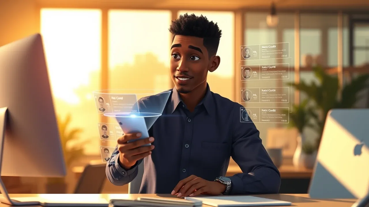 Ilustração de um vendedor com funil de leads sendo triado por IA, no estilo Pixar 3D com tons quentes
