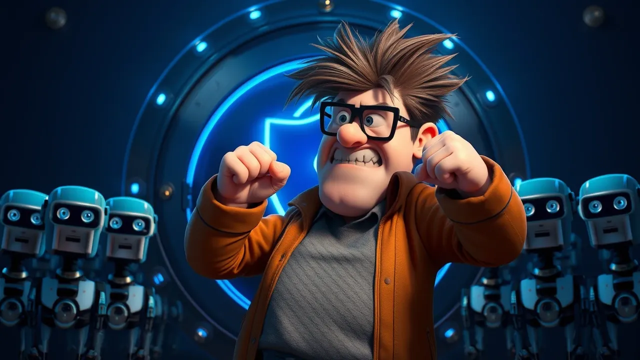 Personagem Pixar determinado fechando dramaticamente porta de cofre no rosto de multidão de robôs surpresos