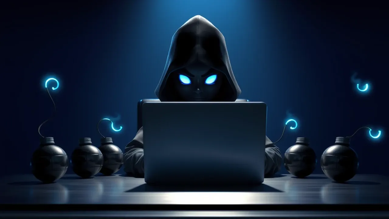 Figura encapuzada em sala escura cercada de props de bomba cartunizados de chrome com brilho azul elétrico, Pixar 3D estilo thriller