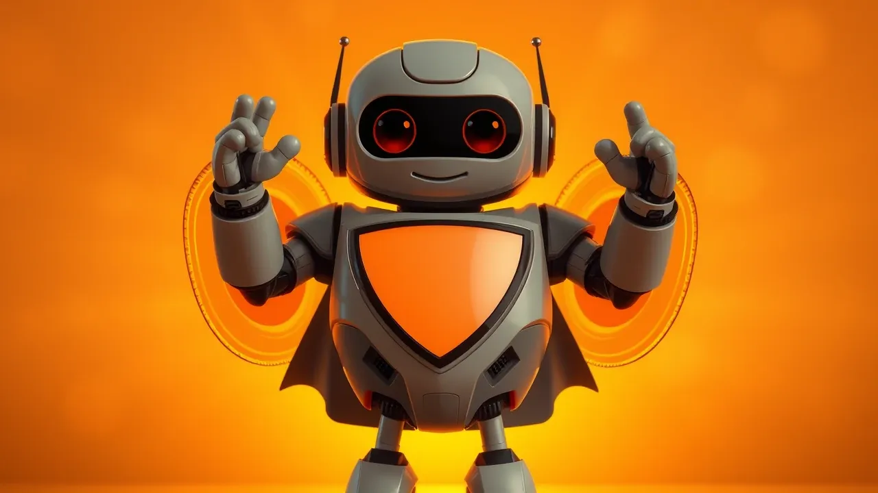 Personagem IA Pixar voltando com escudos de proteção orbitando ao redor, luz quente dourada dramática