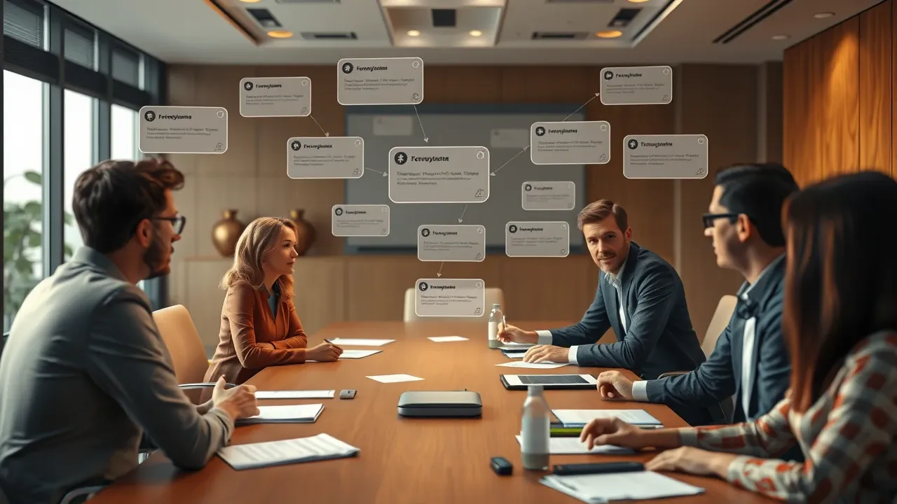 Ilustração de reunião de vendas sendo transcrita e resumida por IA no estilo Pixar 3D