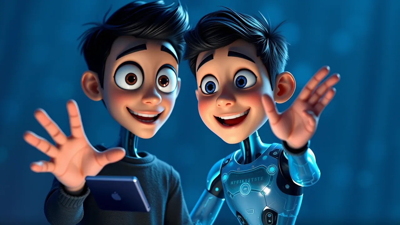 Personagem Pixar jovem criador com IA brilhante ao lado, criando app do zero com gestos teatrais, luz azul elétrica