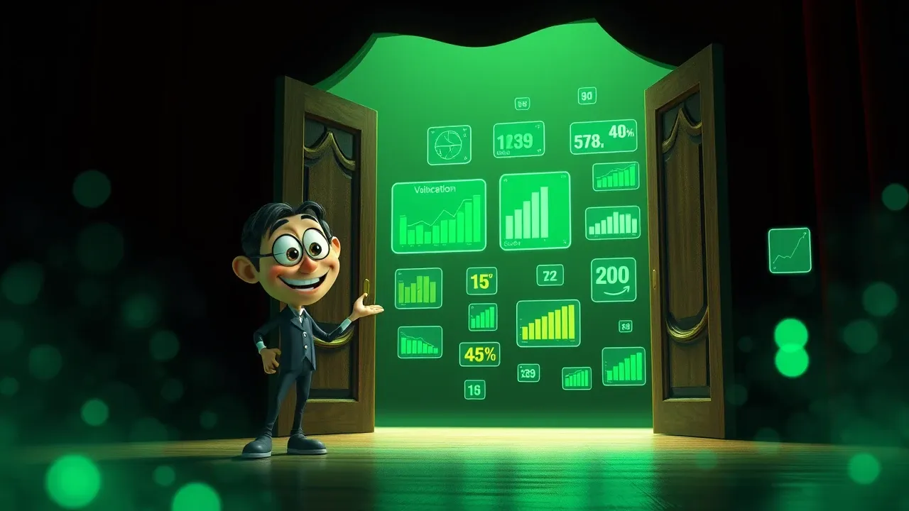 Personagem Pixar abrindo porta elegante para revelar métricas e dados de validação de produto, fundo esmeralda dramático com luz suave