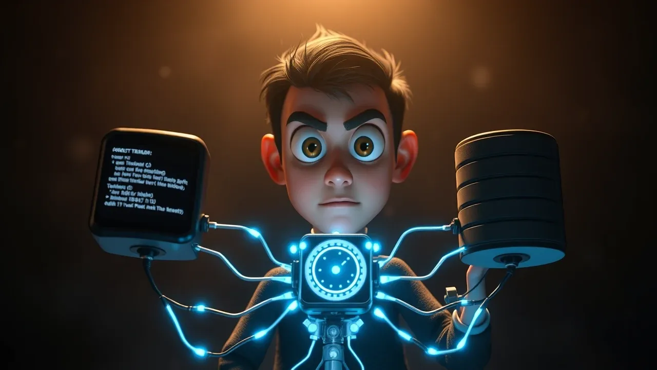 Personagem Pixar conectando fios de dados luminosos entre Cursor e Supabase com protocolo MCP brilhando no centro, fundo carvão atmosférico